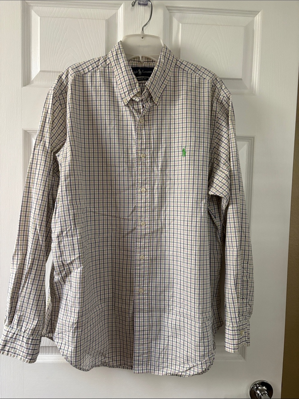 Ralph Lauren White Button-Down Shirt with Blue and Tan Plaid and Green Logo